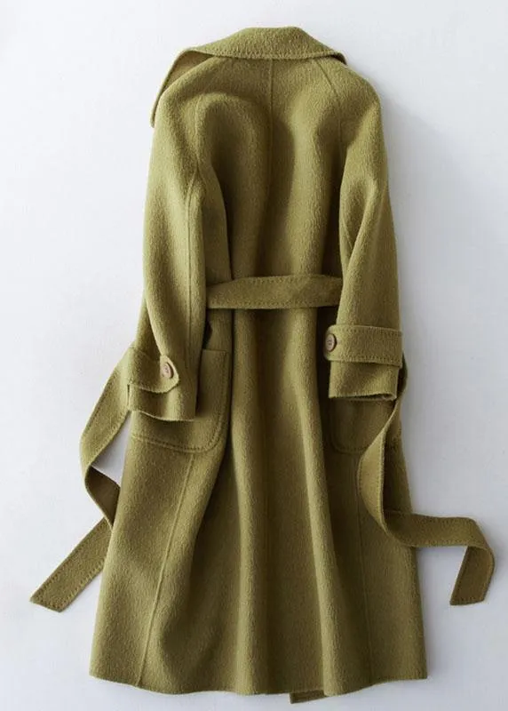 2019 green Wool jackets plus size long winter coat lapel collar women coats tie waist