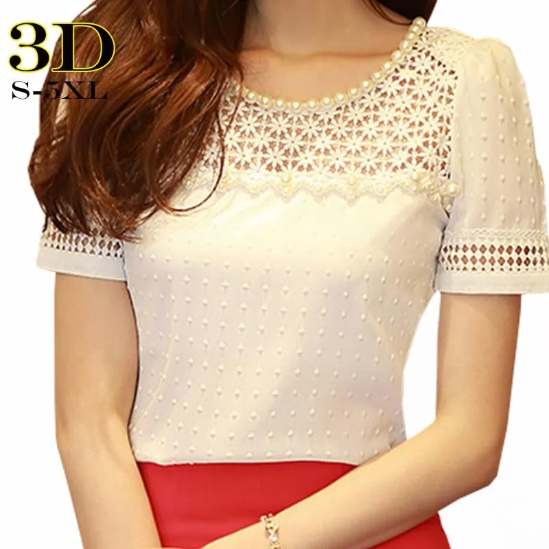 3D Lace Chiffon Blouse Shirt Women Blusas Femininas 2017 Summer Korean Fashion Beading Tops Big size Women Clothe's Office Lady