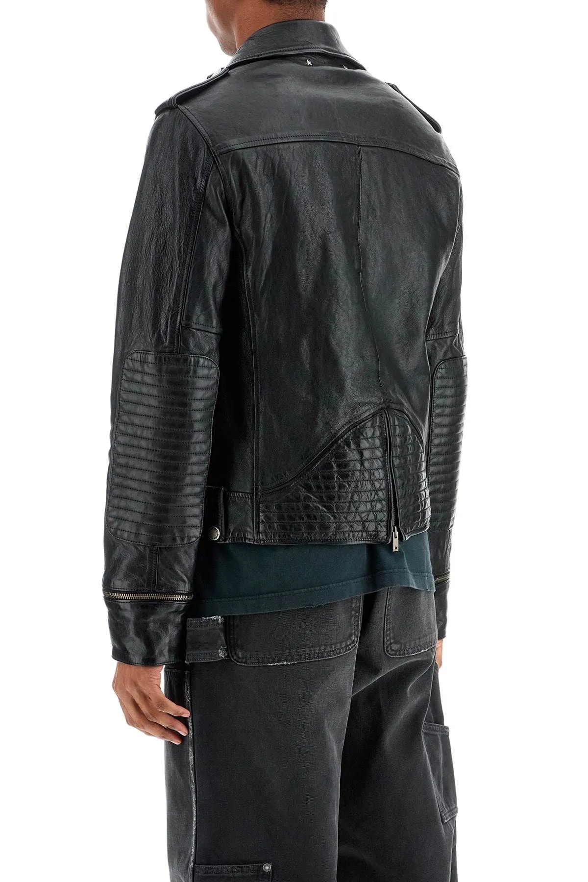 BLACK WAXED LEATHER BIKER JACKET WITH ZIP