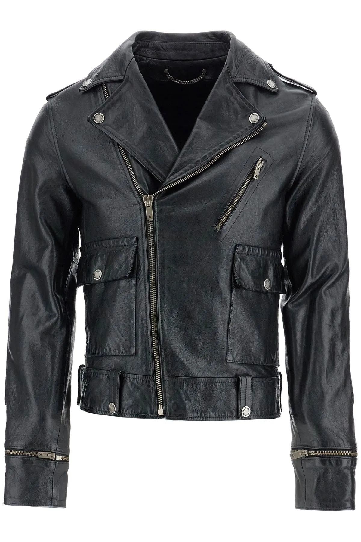 BLACK WAXED LEATHER BIKER JACKET WITH ZIP