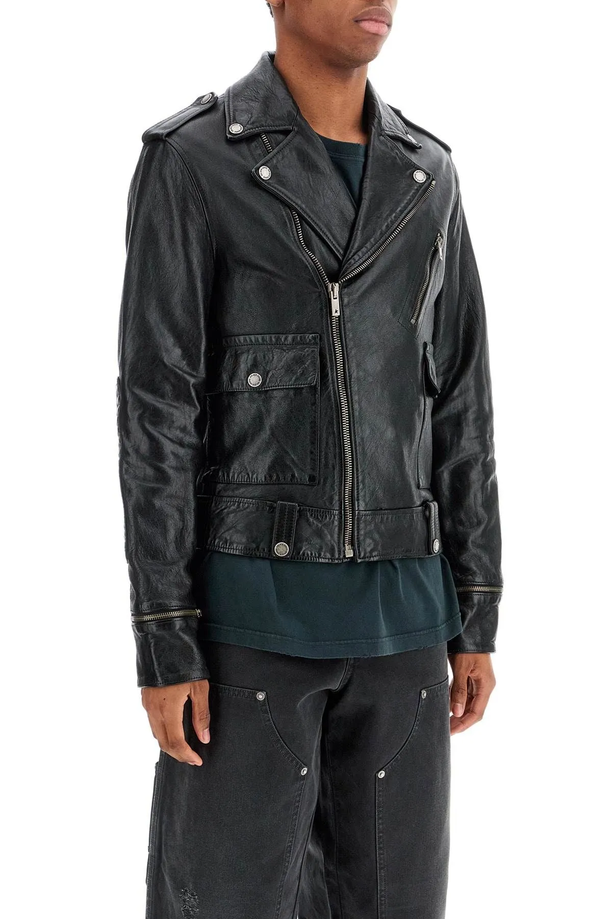 BLACK WAXED LEATHER BIKER JACKET WITH ZIP