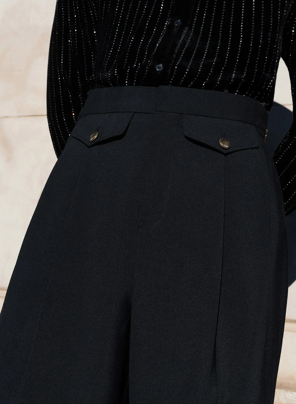 Black Wide Gold Button Buckle Flare Trousers