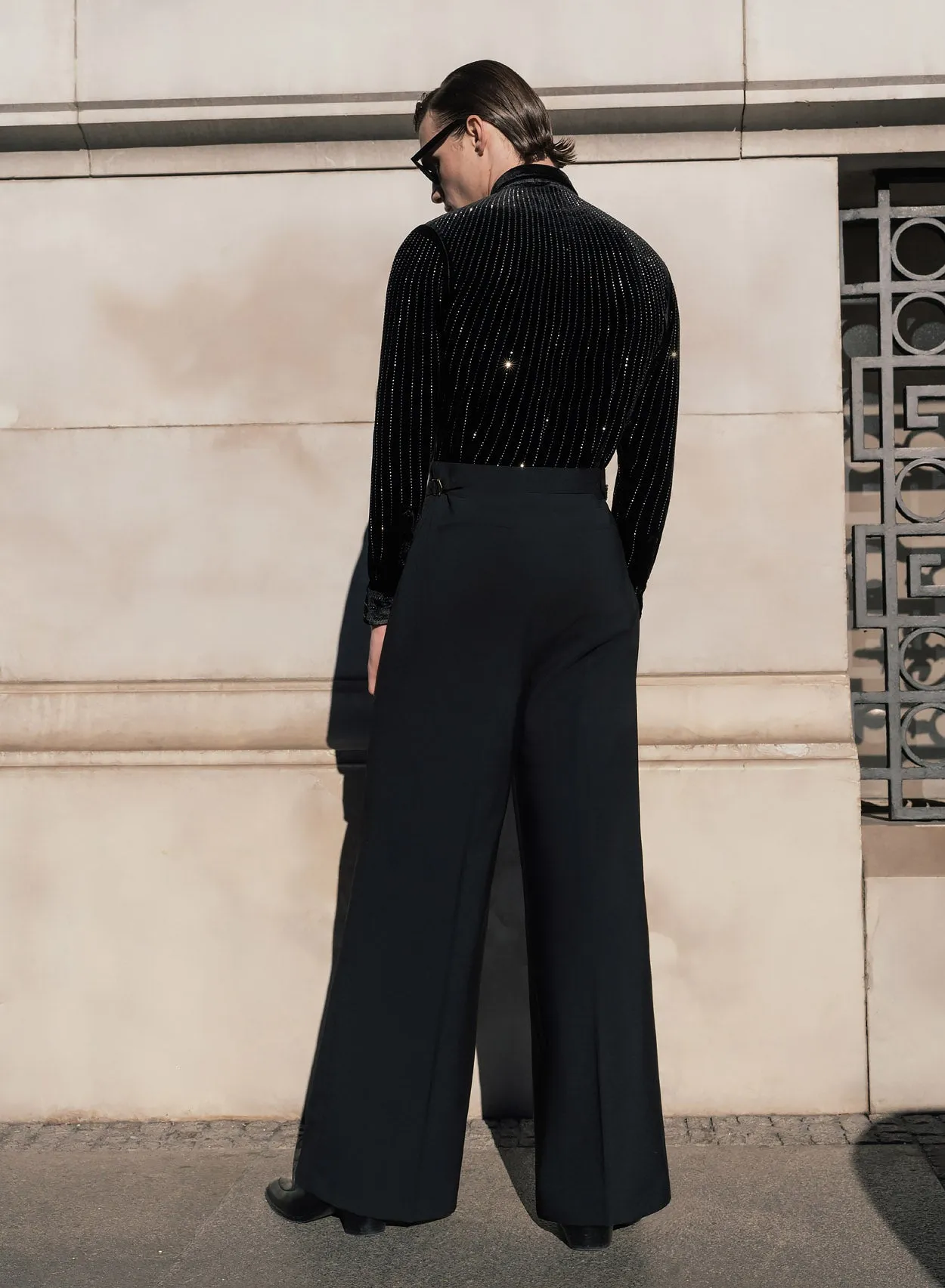 Black Wide Gold Button Buckle Flare Trousers