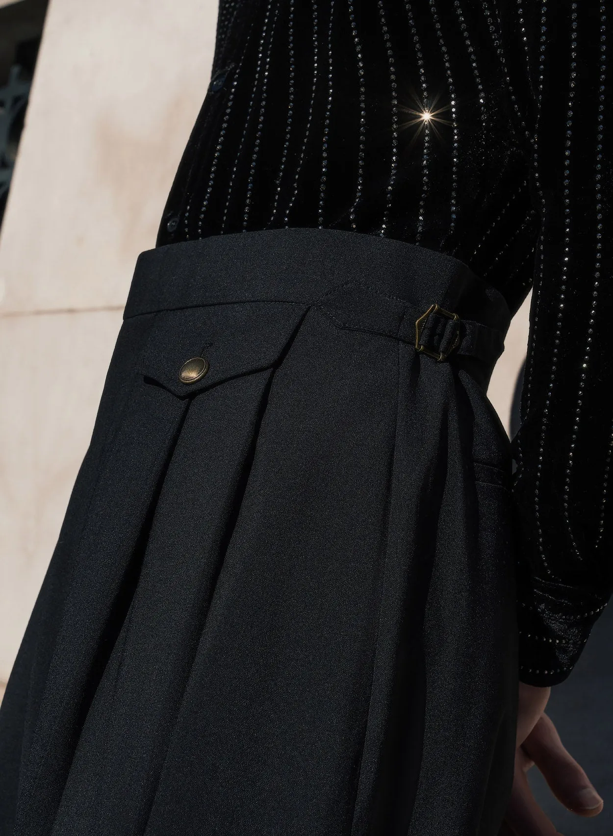 Black Wide Gold Button Buckle Flare Trousers