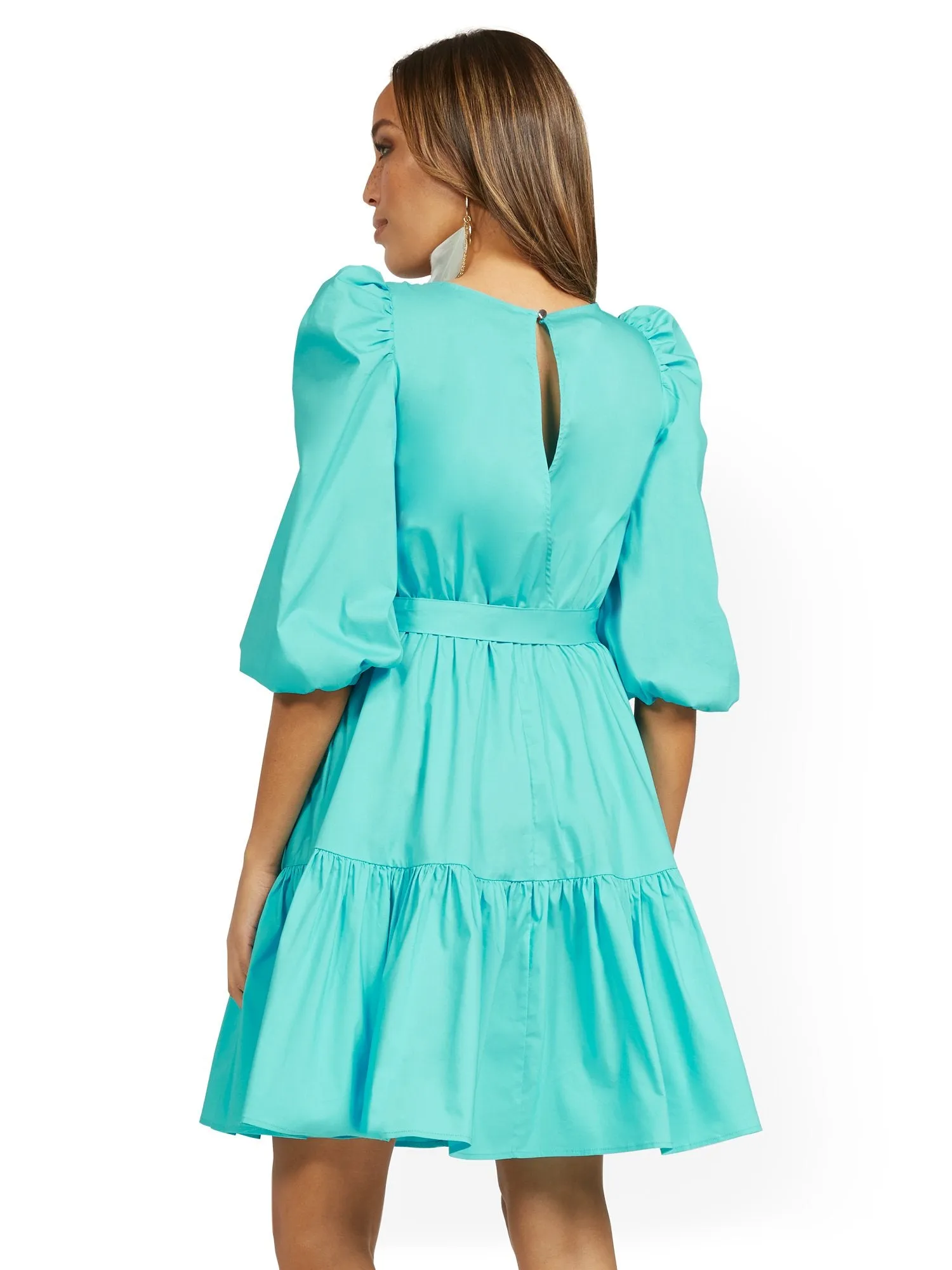 Blue Poplin Tiered Bow-Front Dress