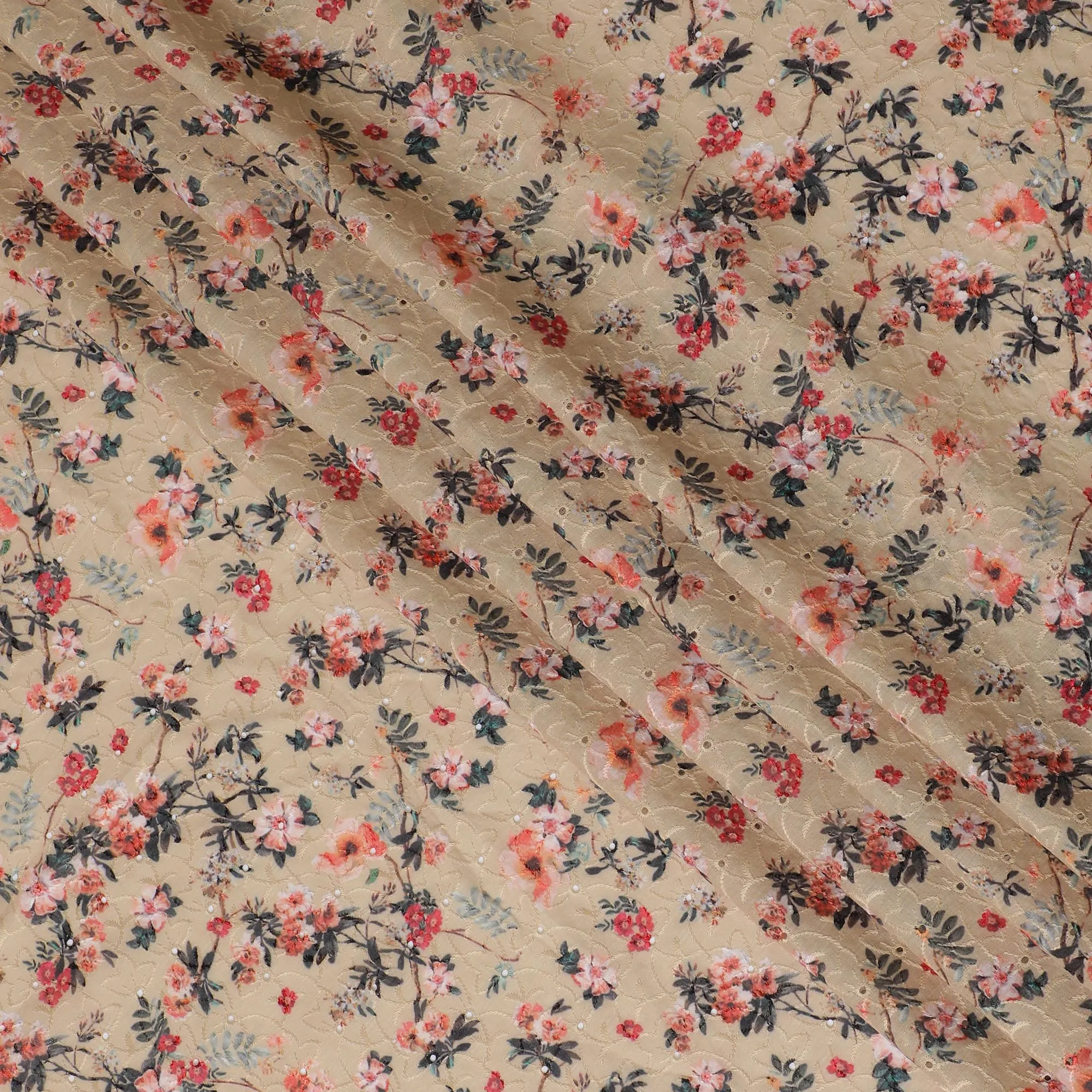 Charming Beige Floral blended Cotton Lawn Fabric with Embroidery - 110 cm Wide - D19590