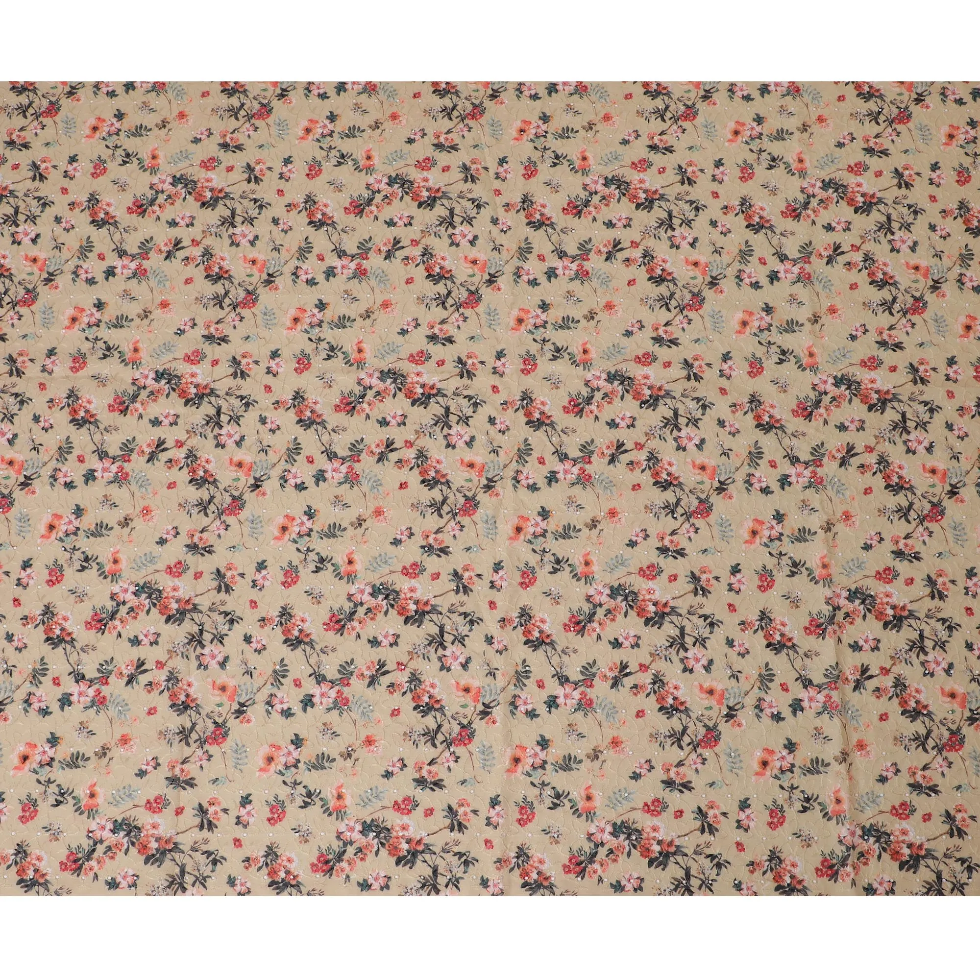 Charming Beige Floral blended Cotton Lawn Fabric with Embroidery - 110 cm Wide - D19590