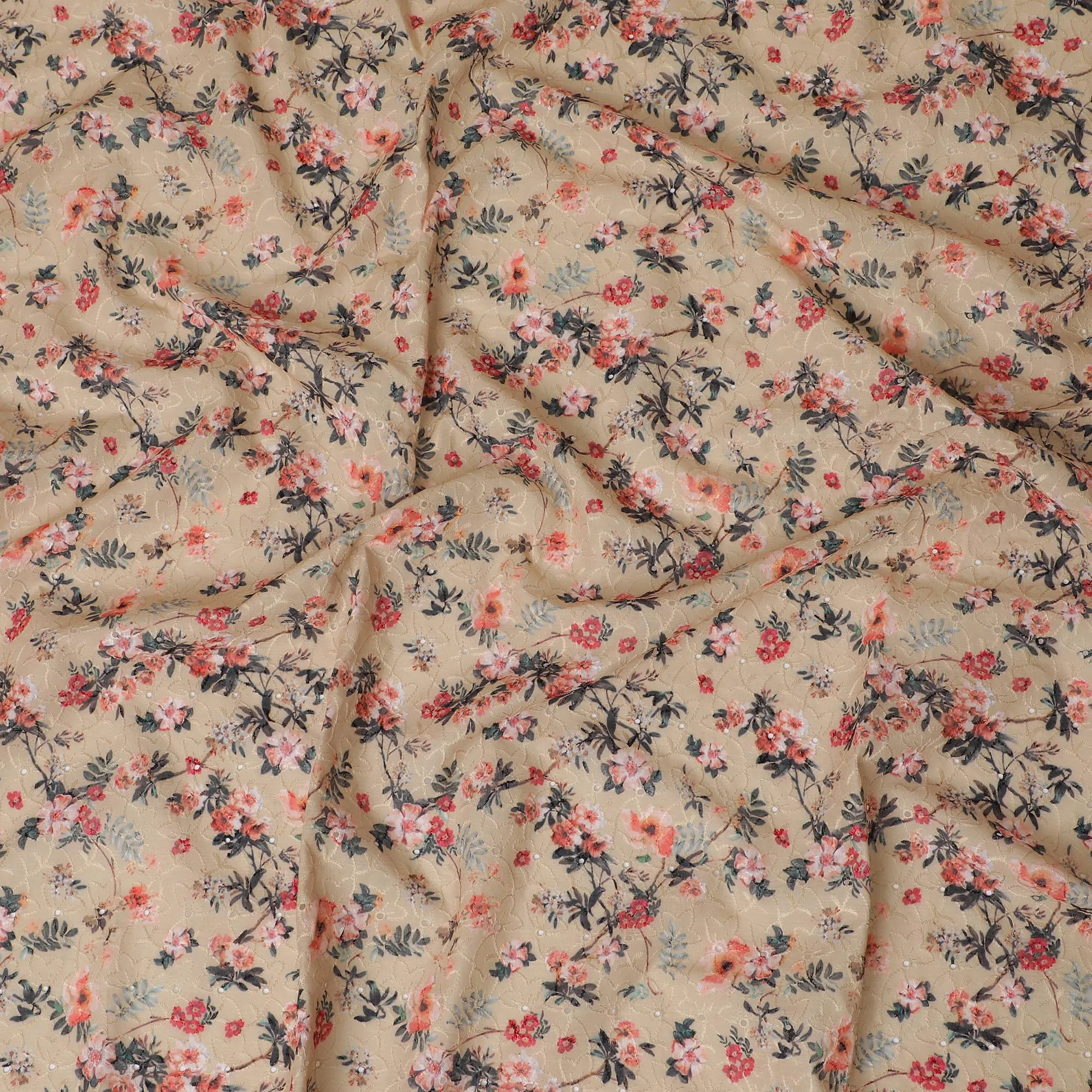 Charming Beige Floral blended Cotton Lawn Fabric with Embroidery - 110 cm Wide - D19590