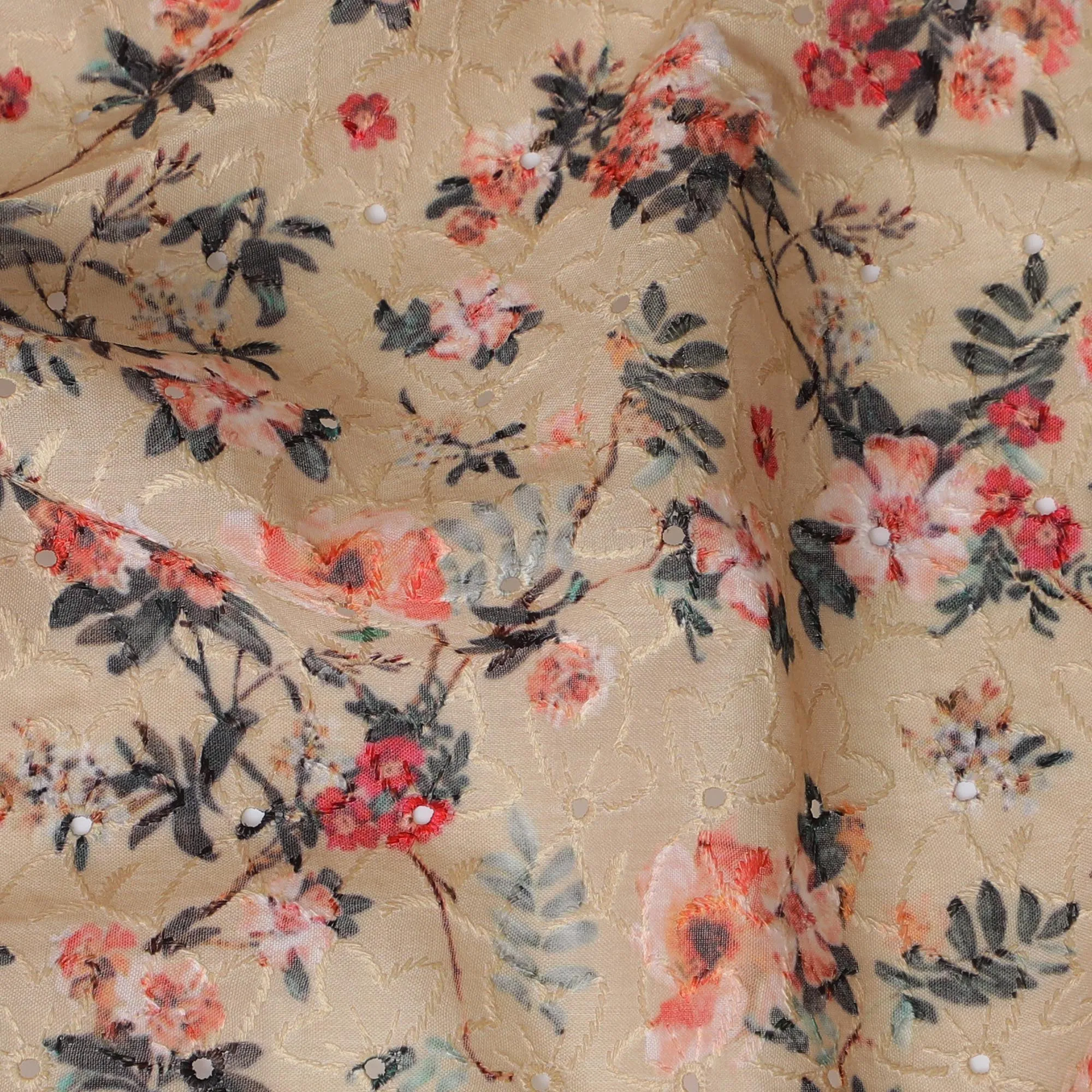 Charming Beige Floral blended Cotton Lawn Fabric with Embroidery - 110 cm Wide - D19590