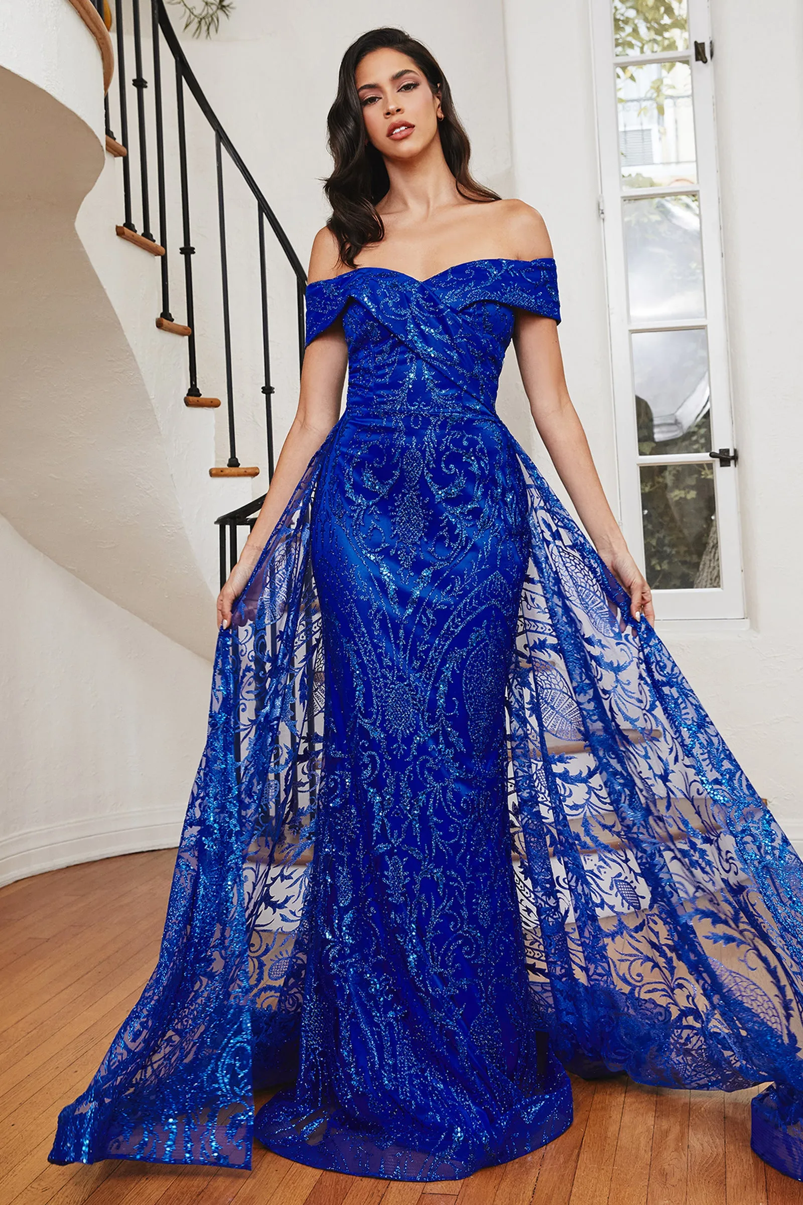 CINDERELLA DIVINE J836 Lace Glitter Off-Shoulder Gown with Overskirt