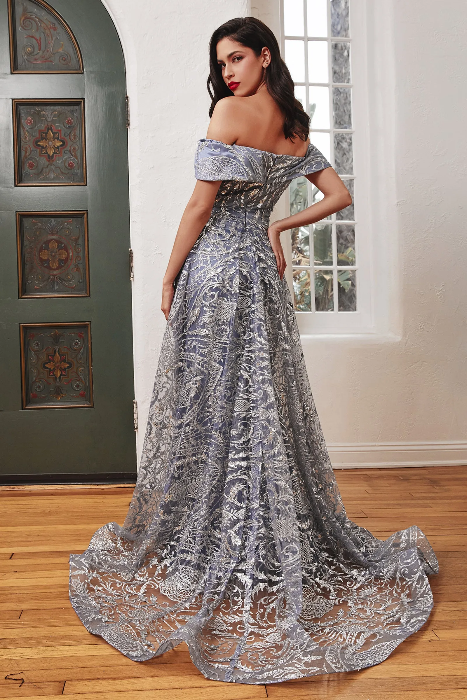 CINDERELLA DIVINE J836 Lace Glitter Off-Shoulder Gown with Overskirt