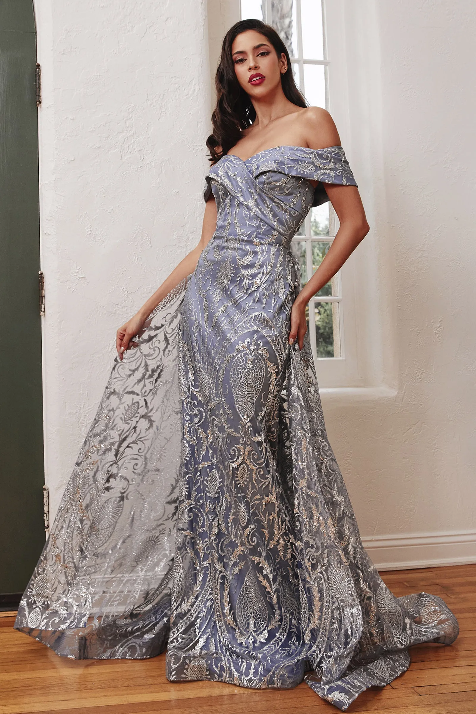 CINDERELLA DIVINE J836 Lace Glitter Off-Shoulder Gown with Overskirt