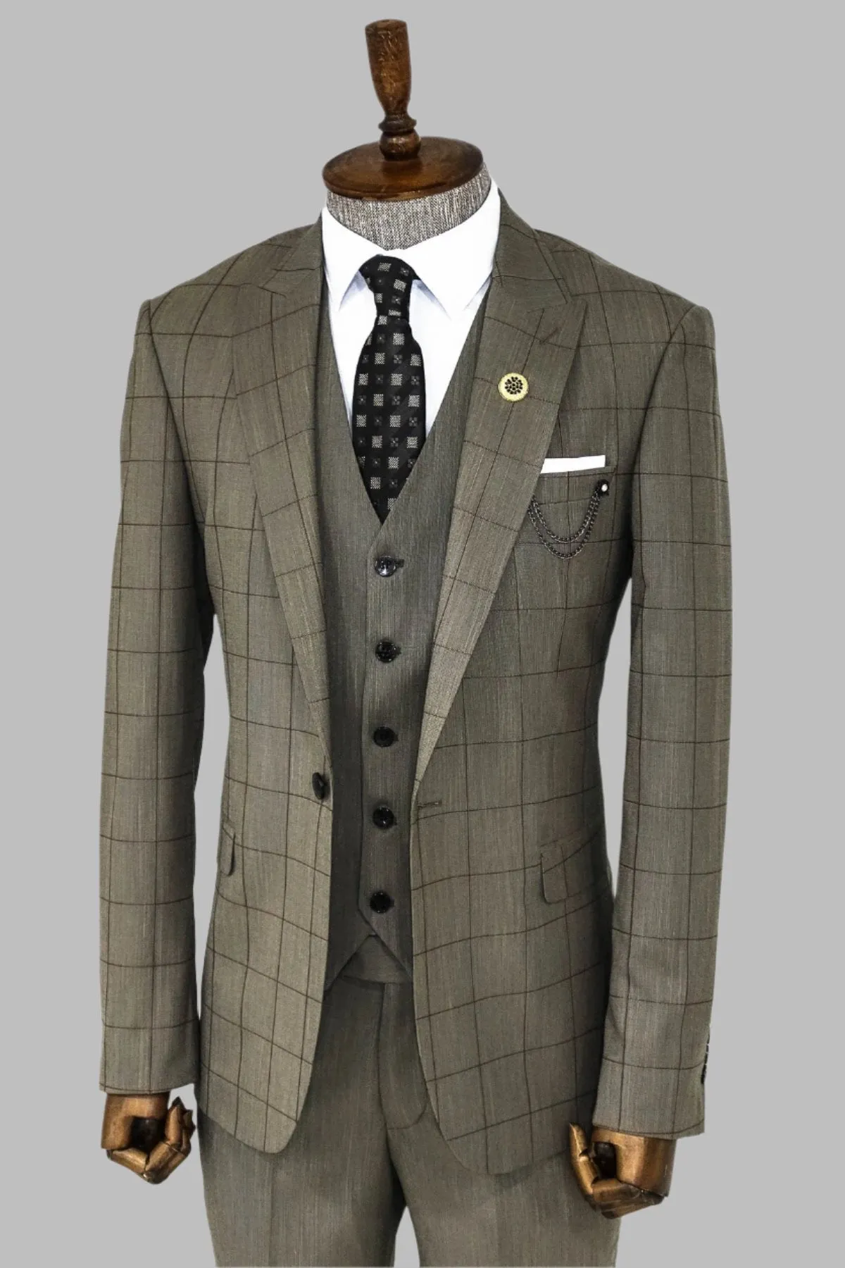 Cream Plaid Peak Lapel 3 Piece Suit - Wessi