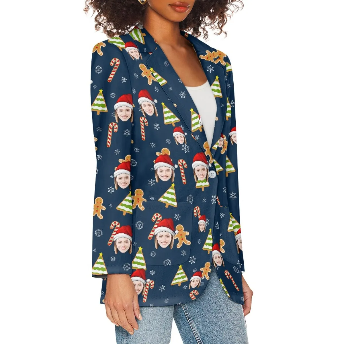 Custom Face Christmas Gingerbread Women's Blazers Personalized Jacket Casual Coats