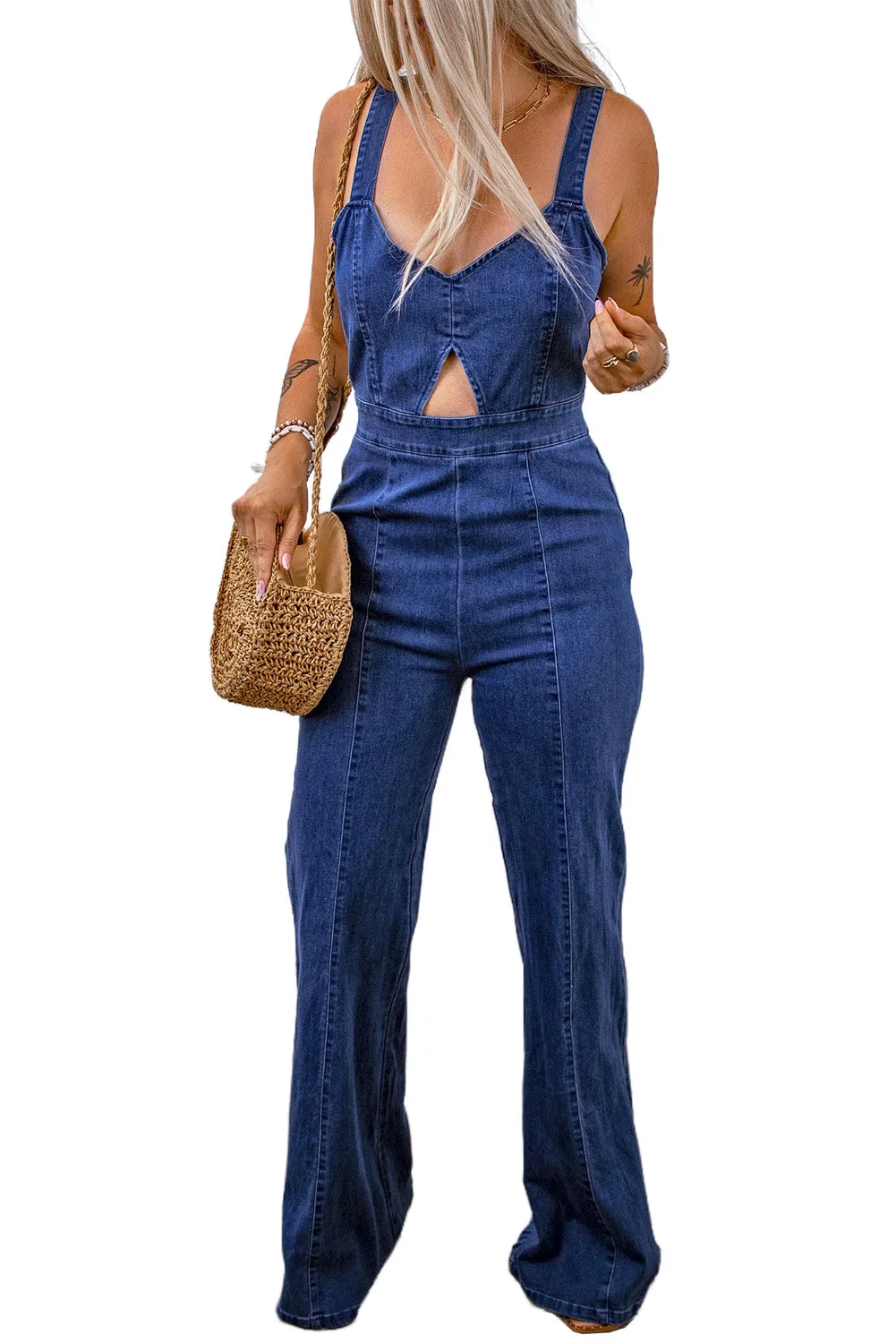 Cut Out Zipped Sleeveless Denim Jumpsuit