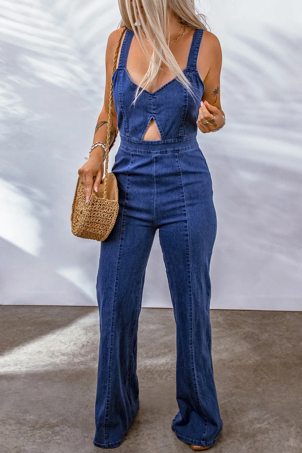 Cut Out Zipped Sleeveless Denim Jumpsuit