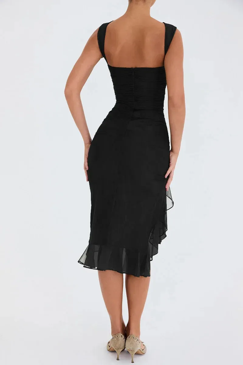 Elegant Asymmetry Ruched & Ruffled Bodycon Dress for Cocktail Parties