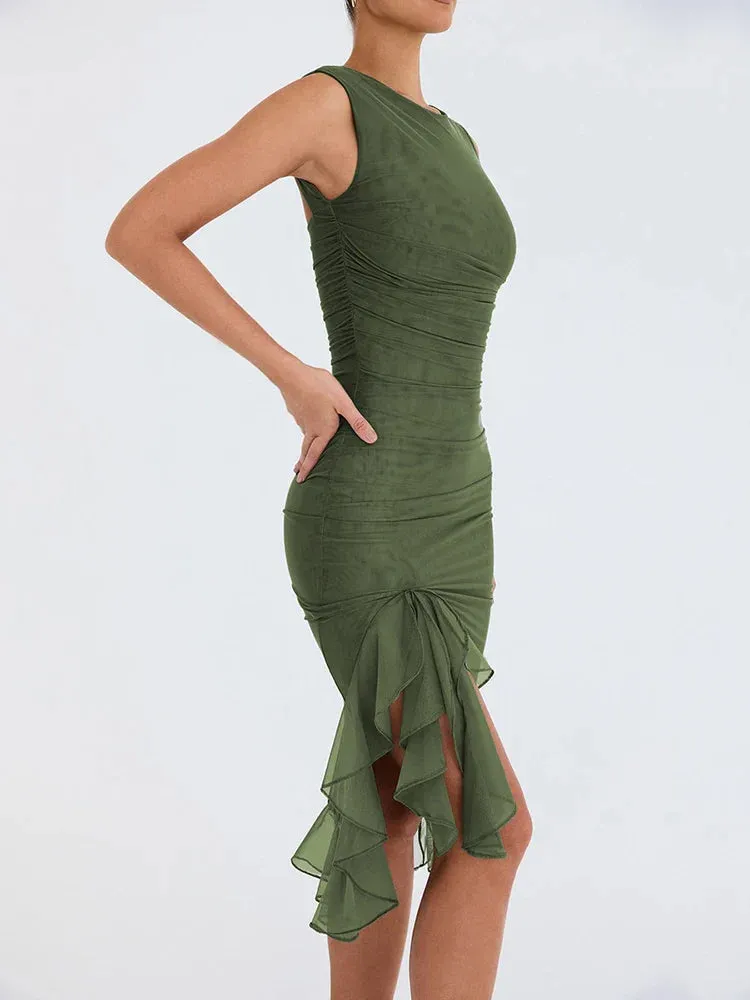 Elegant Asymmetry Ruched & Ruffled Bodycon Dress for Cocktail Parties