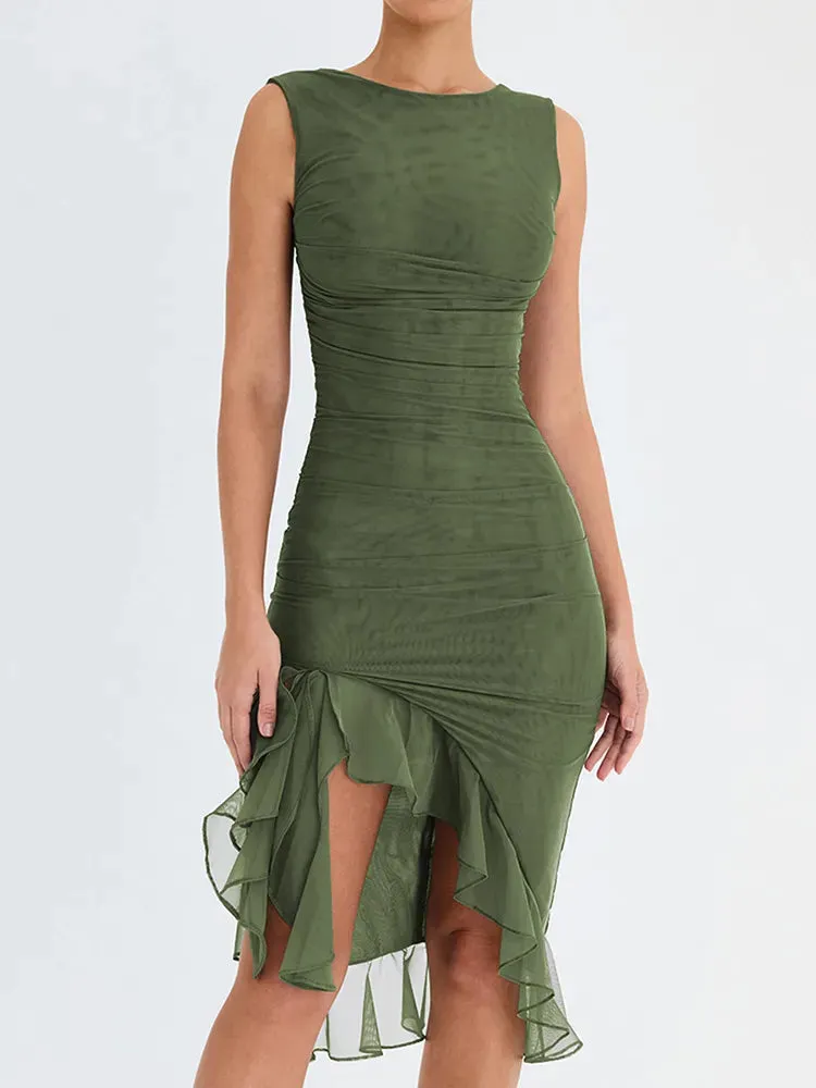 Elegant Asymmetry Ruched & Ruffled Bodycon Dress for Cocktail Parties