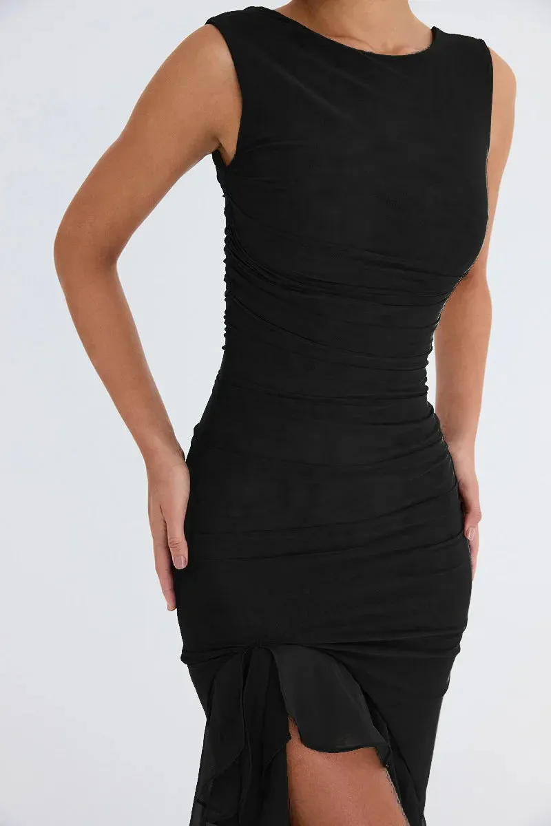 Elegant Asymmetry Ruched & Ruffled Bodycon Dress for Cocktail Parties