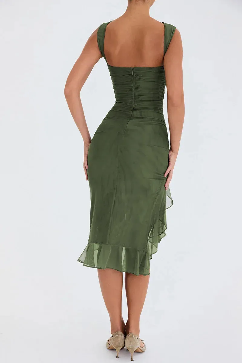 Elegant Asymmetry Ruched & Ruffled Bodycon Dress for Cocktail Parties