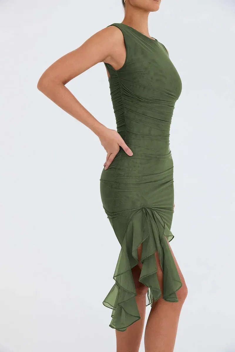 Elegant Asymmetry Ruched & Ruffled Bodycon Dress for Cocktail Parties