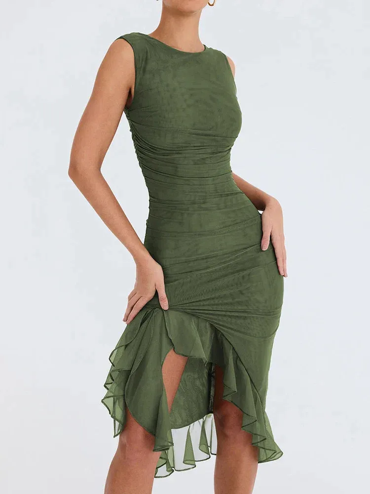 Elegant Asymmetry Ruched & Ruffled Bodycon Dress for Cocktail Parties