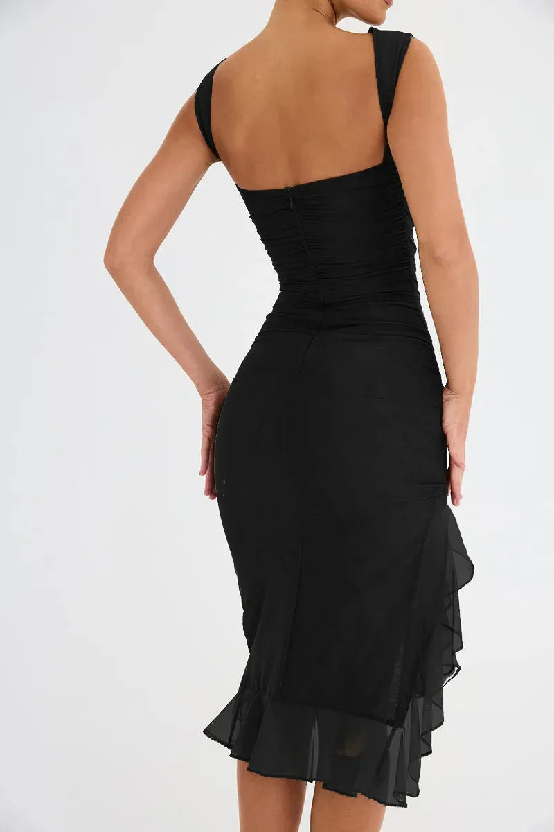 Elegant Asymmetry Ruched & Ruffled Bodycon Dress for Cocktail Parties