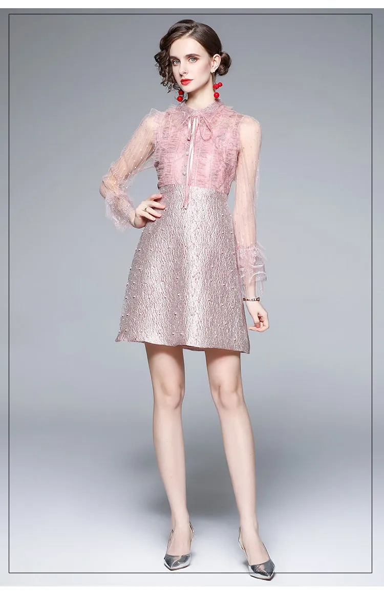 Elegant Pink Patchwork Jacquard Dress