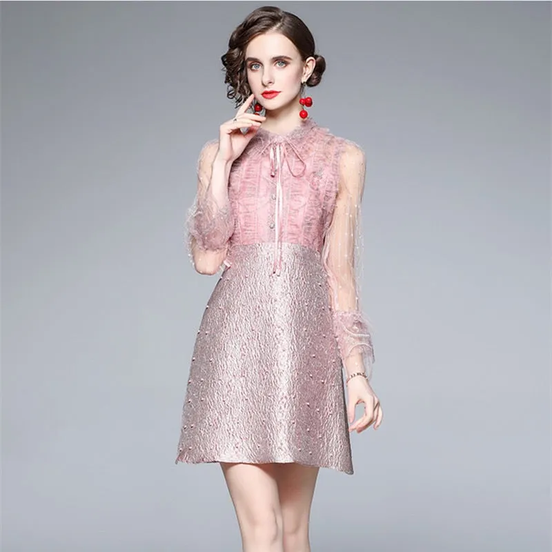 Elegant Pink Patchwork Jacquard Dress