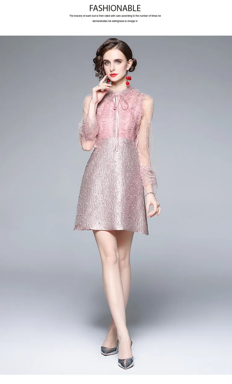 Elegant Pink Patchwork Jacquard Dress