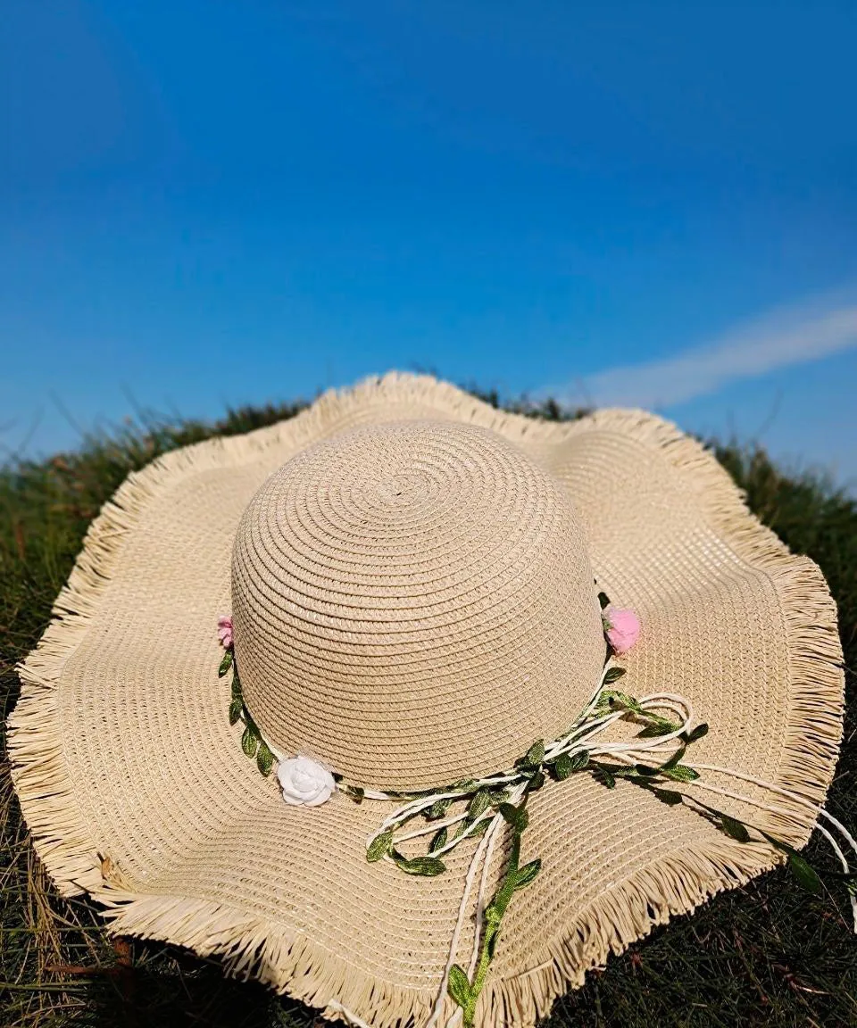 Elegant Pink Straw Woven Beach Floppy Sun Hat