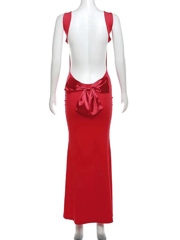 Elegant Red Backless Mermaid Long Evening Dress