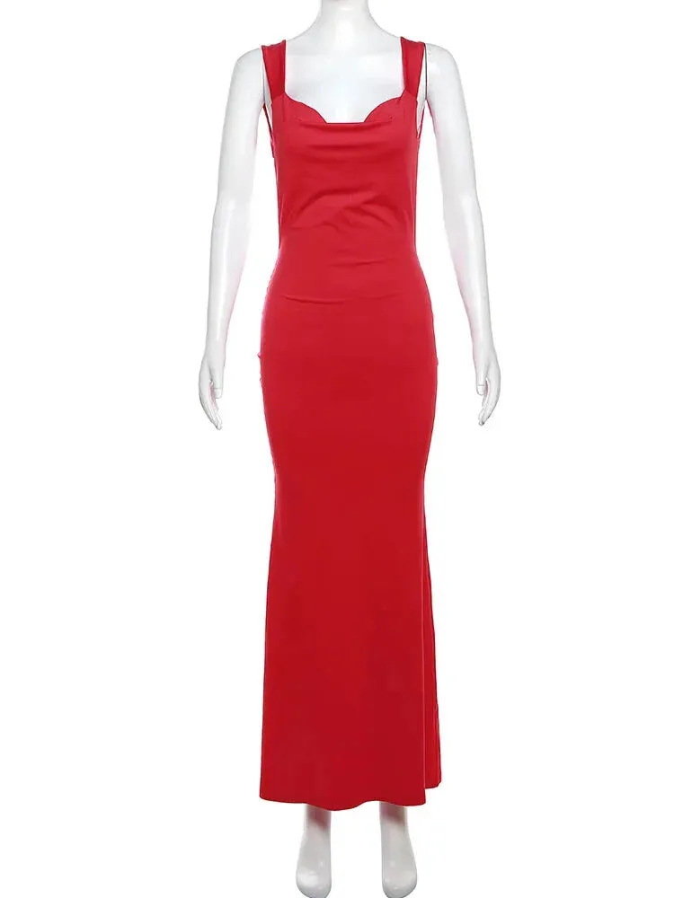 Elegant Red Backless Mermaid Long Evening Dress