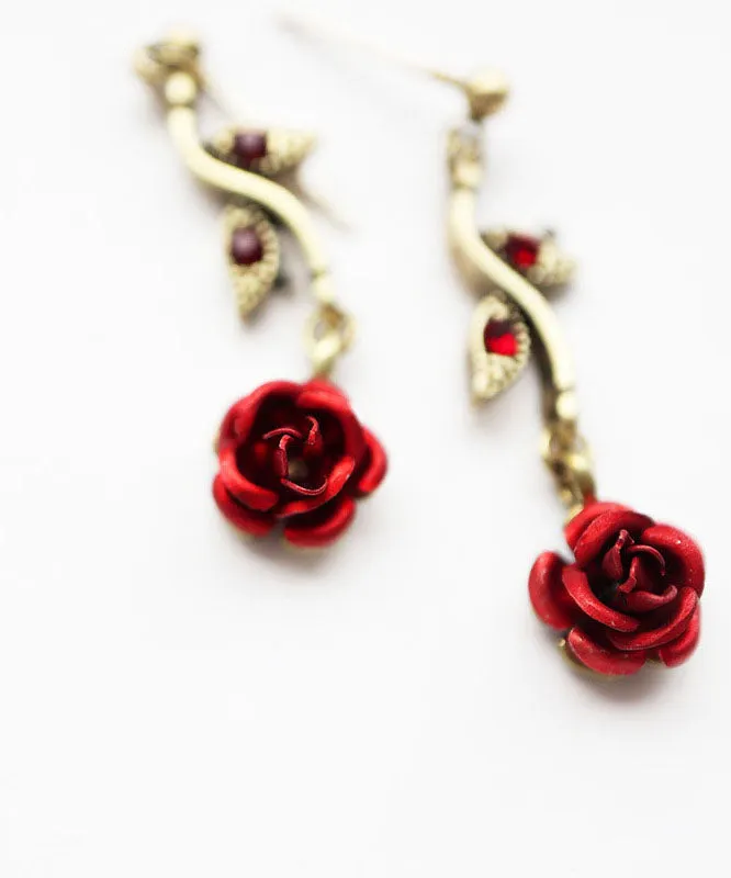 Elegant Red Rose Metal Zircon Drop Earrings