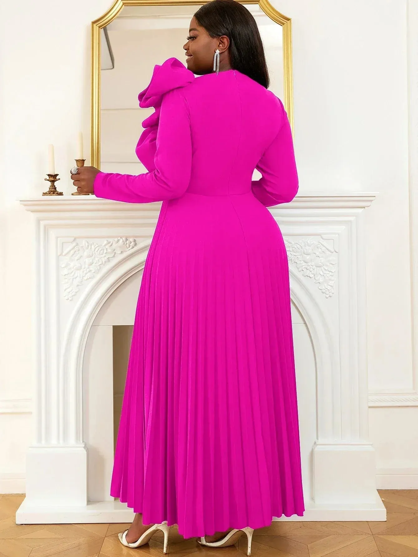 Elegant Vintage Long Sleeve Applique Dress for Women Modest Pleated A Line Robe with Ruffle Swing for Evening Party