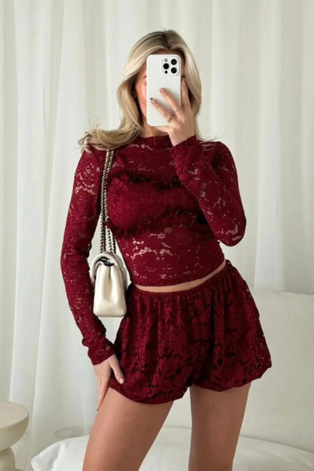 Elle burgundy lace top and puffball short co-ord