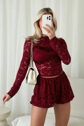 Elle burgundy lace top and puffball short co-ord