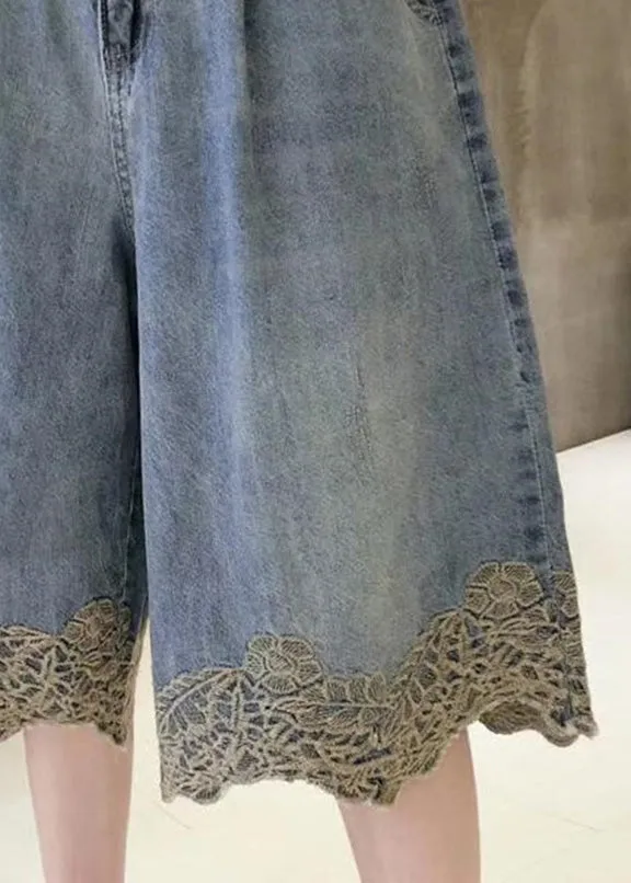 Fashion Blue High Waist Lace Patchwork Denim Shorts Summer TY1079