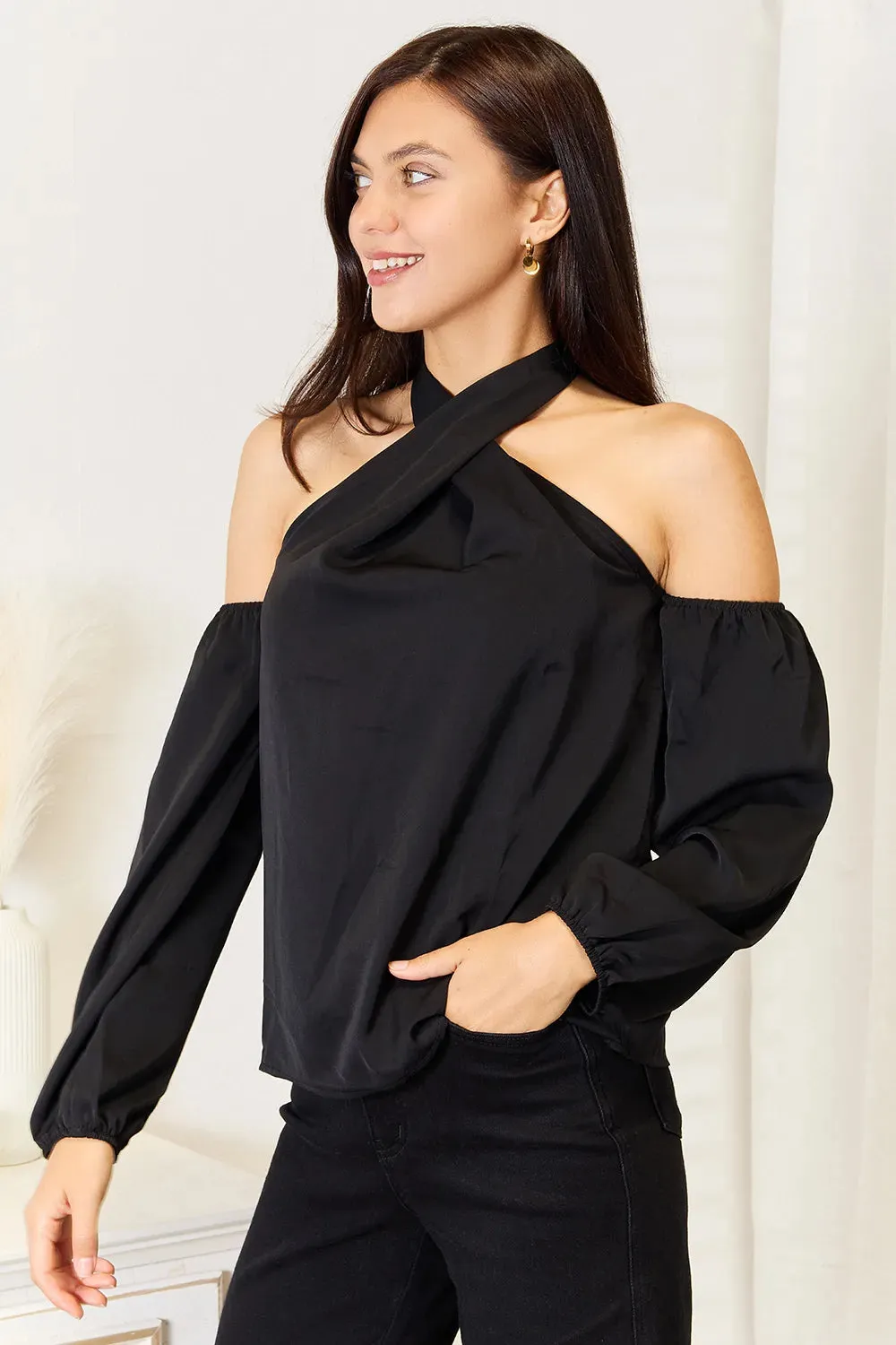 Grecian Cold Shoulder Long Sleeve Blouse