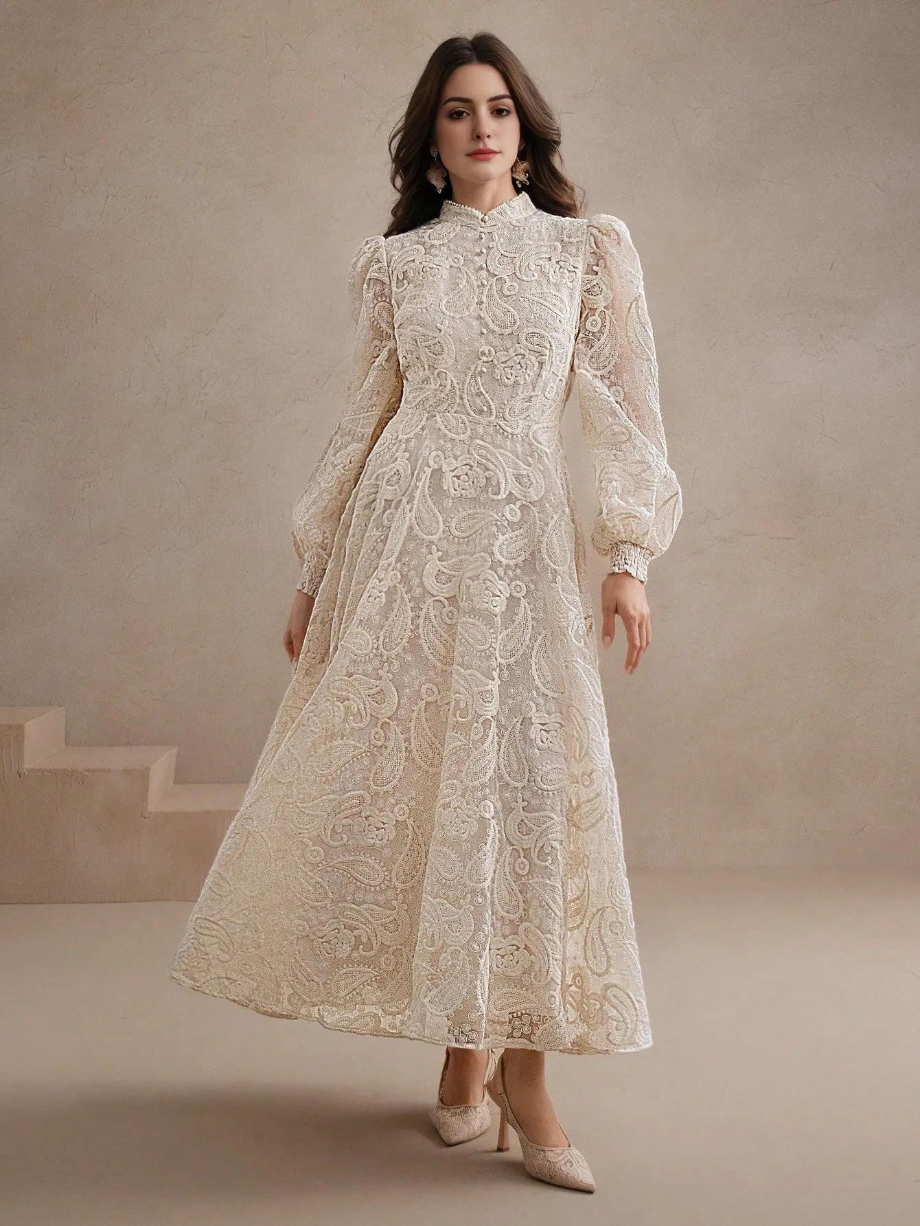 Isabella Ruched Waist Floral Embroidery Elegant Dress