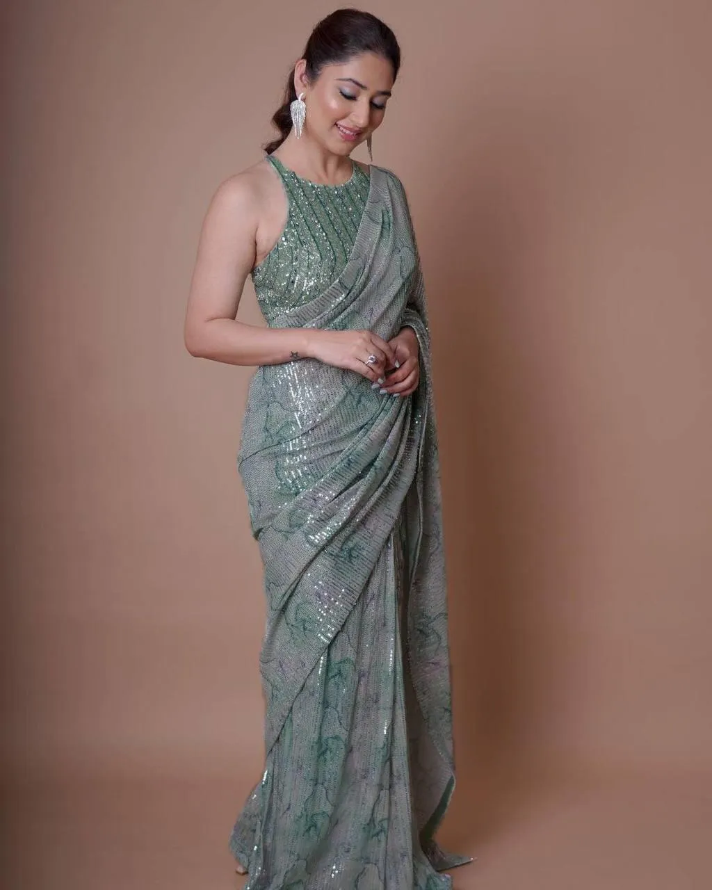 Laurel Green Georgette All Over Luxury Sequins Saree