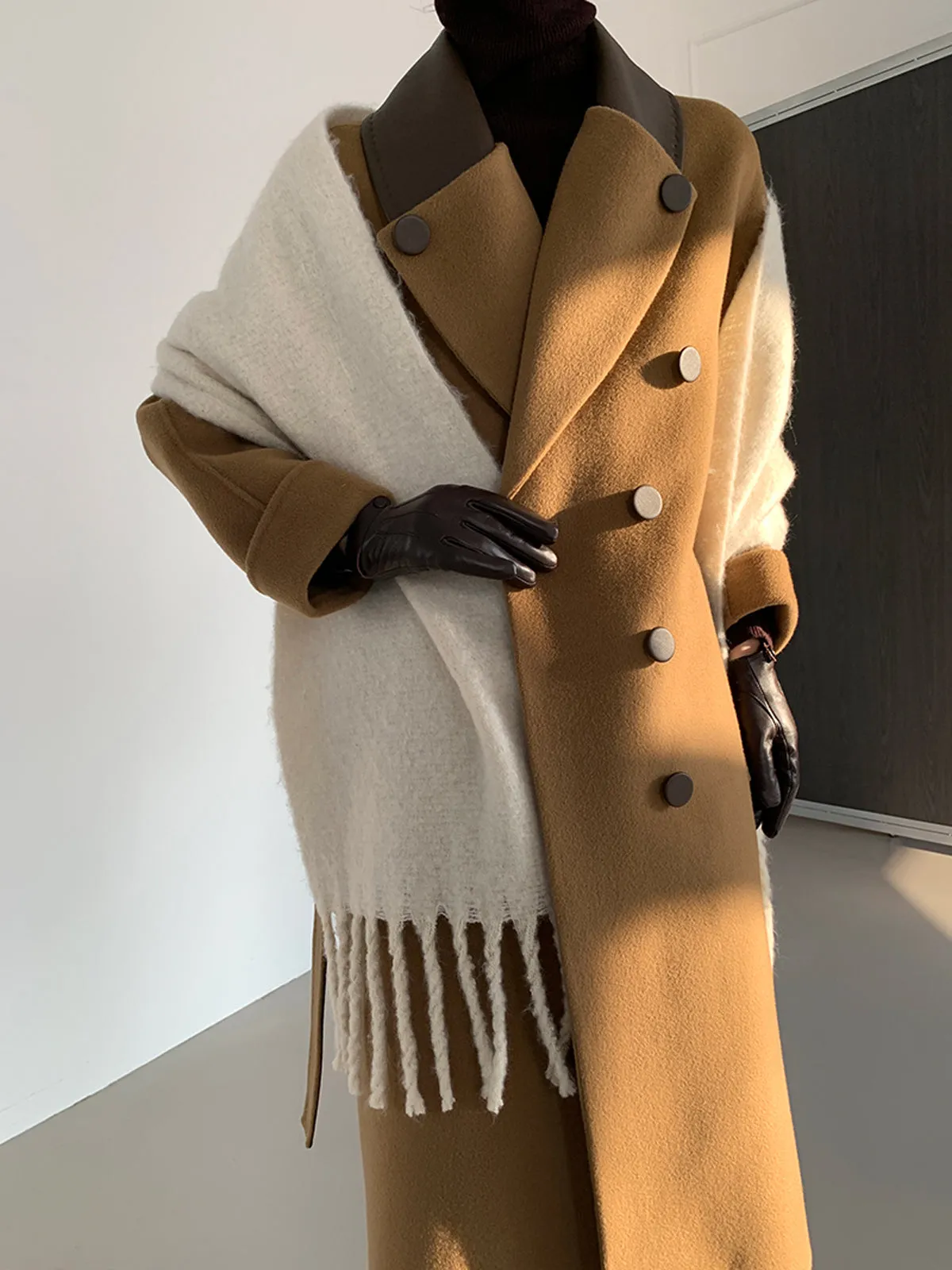 Leather Double Face Wool Wrap Long Coat - Camel