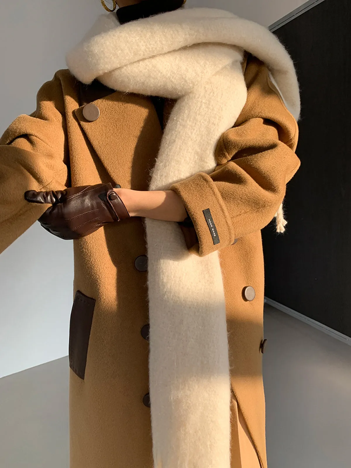 Leather Double Face Wool Wrap Long Coat - Camel