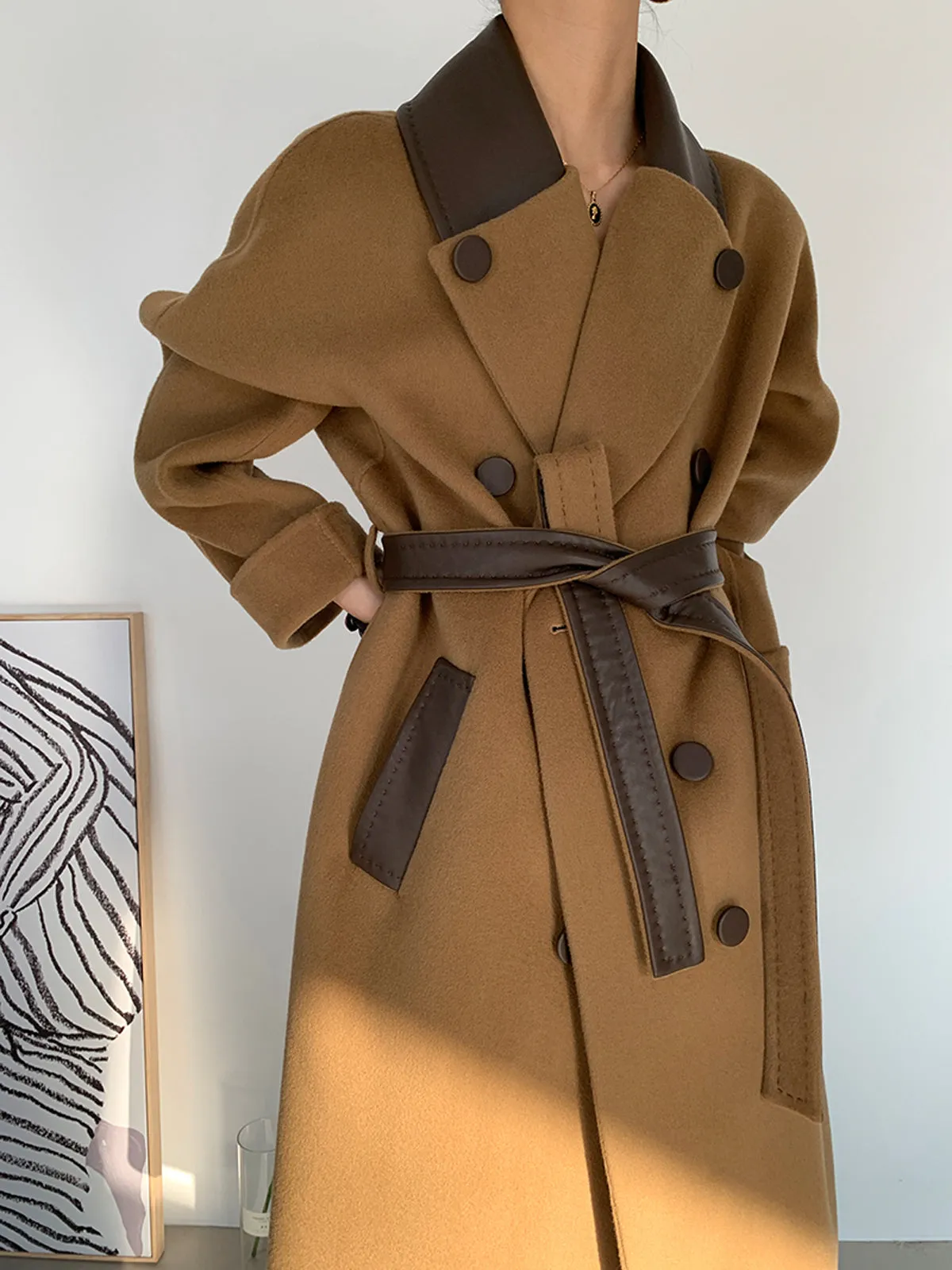 Leather Double Face Wool Wrap Long Coat - Camel