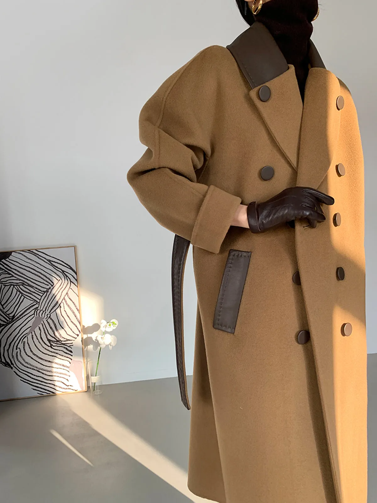 Leather Double Face Wool Wrap Long Coat - Camel