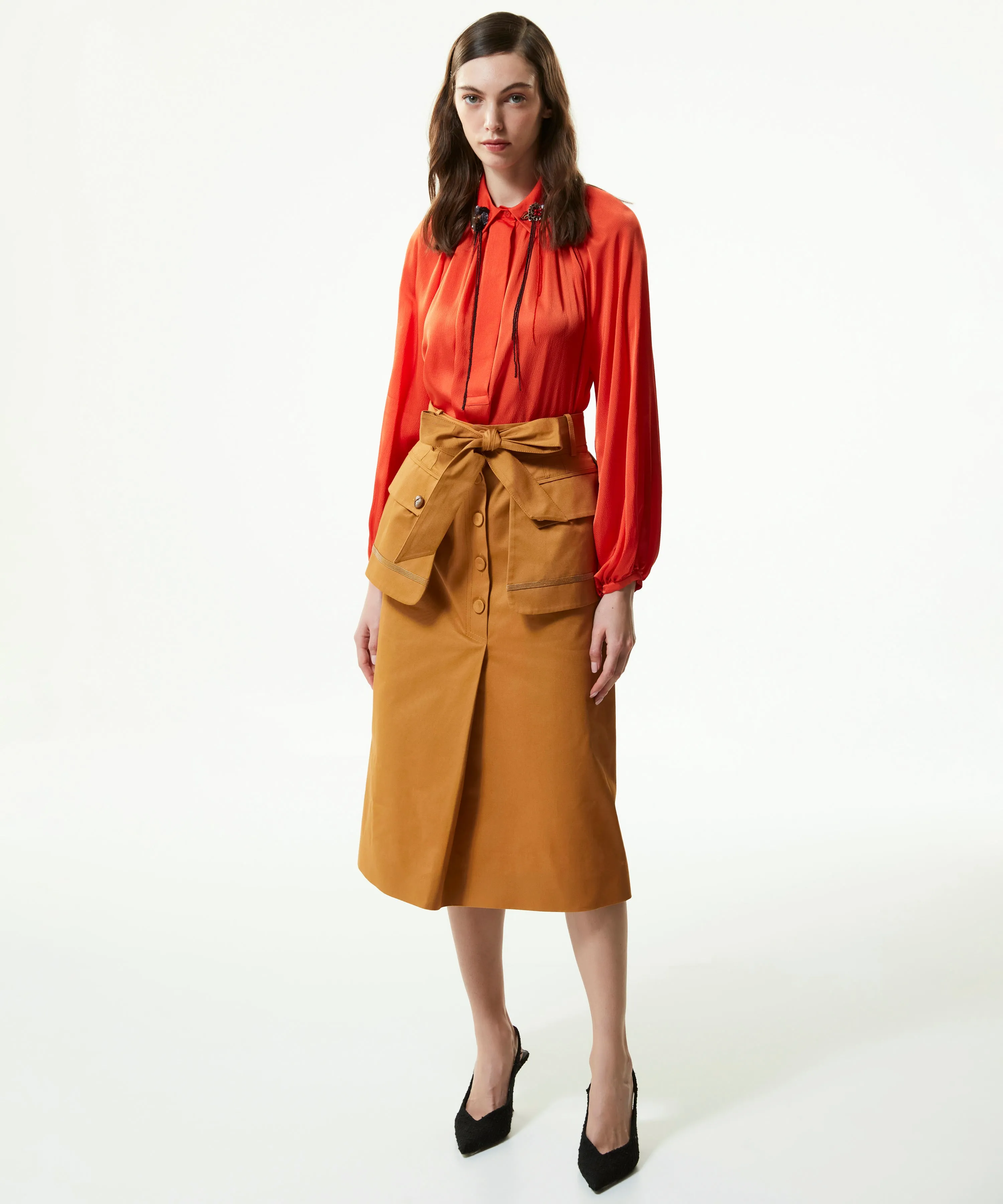 Machka Wide Cut Blouse With Floral Module Embroidered Orange