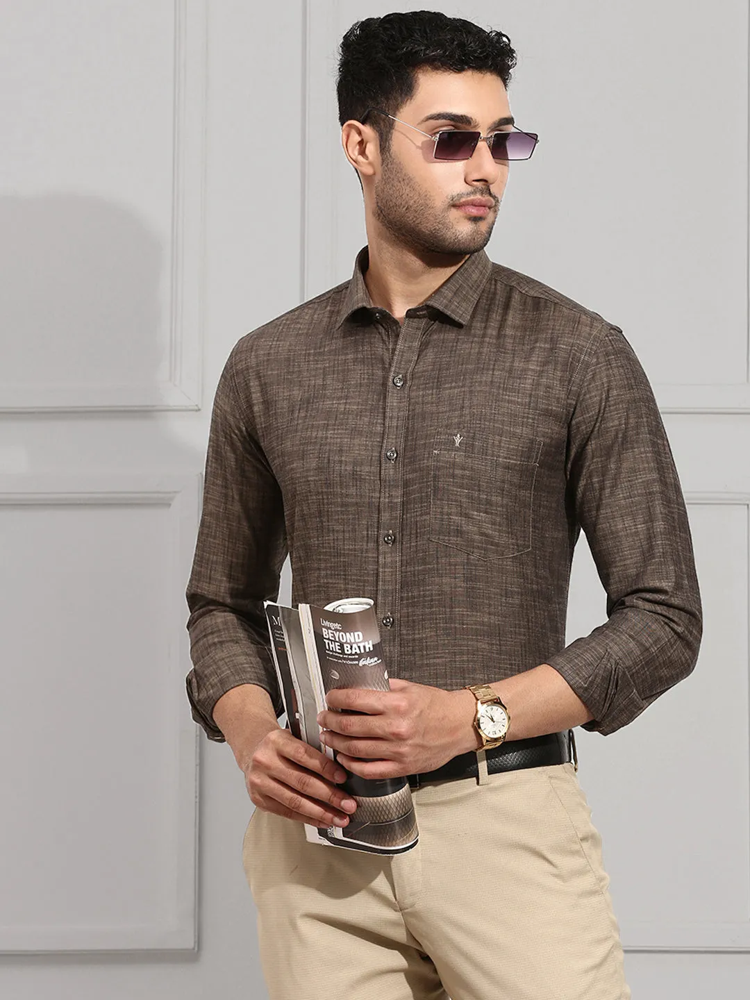 Men 100% Cotton Shirt Brown CL2 GT21