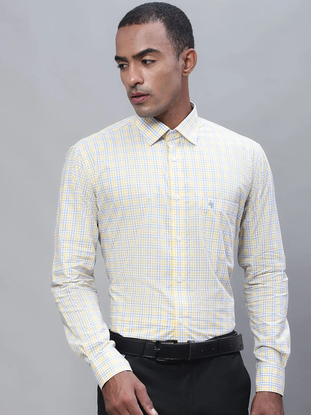 Men's Light Yellow Formal Small Checks Full Sleeve Shirt