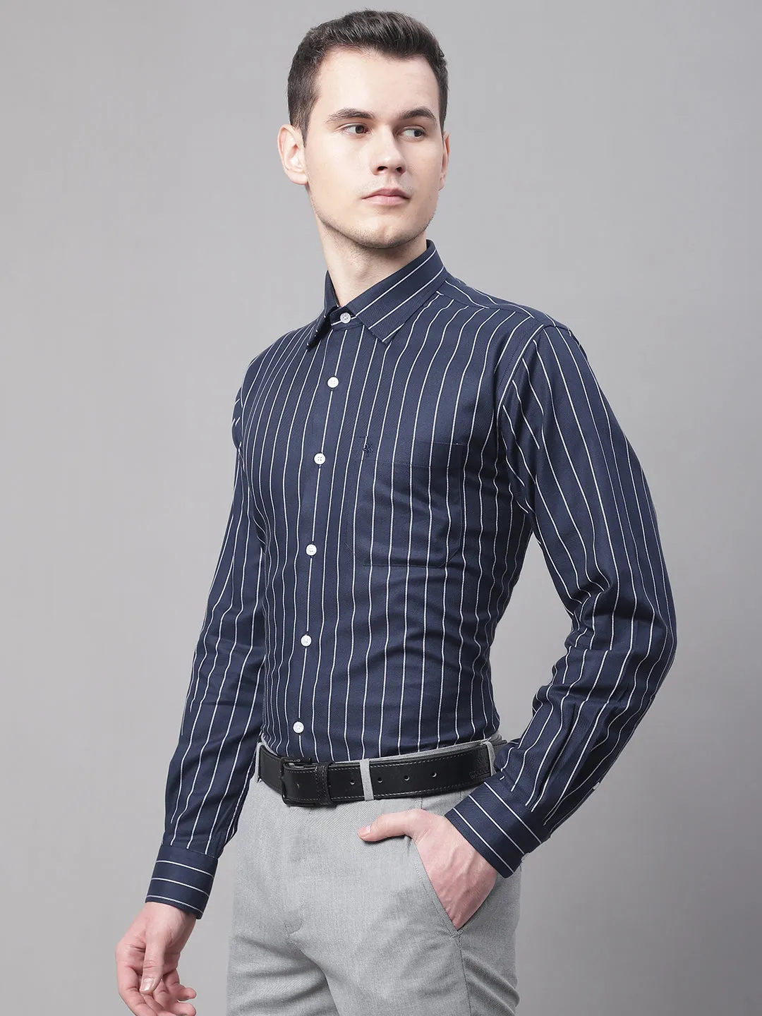 Men's Navy Blue Formal Broad Stripe Full Sleeve Shirt